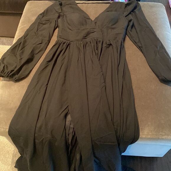 Women’s Black Full Length Chiffon V-Neck Corset Back Dress Leg Split Size 12 - Picture 12 of 14